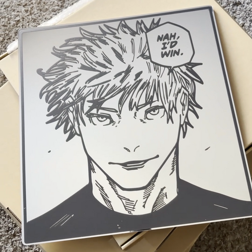 Anime-style portrait on a cardboard box with text 'Nah, I'd win.'